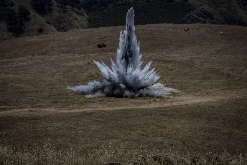 A M795 155mm projectile is detonated during an explosive ordnance disposal range on Marine Corps Base Camp Pendleton, California, June 23, 2021. This training prepared the task force for future deployments by allowing them to test different protective works measure and increased their area clearance proficiency. <br>(U.S. Marine Corps photo by&nbsp;<a href="https://www.dvidshub.net/portfolio/1504873/marvin-lopeznavarro" target="_blank" rel="noreferrer noopener">Sgt. Marvin Lopeznavarro</a>/ <a href="https://www.dvidshub.net/unit/I-MEF" target="_blank" rel="noreferrer noopener">I Marine Expeditionary Force</a>)