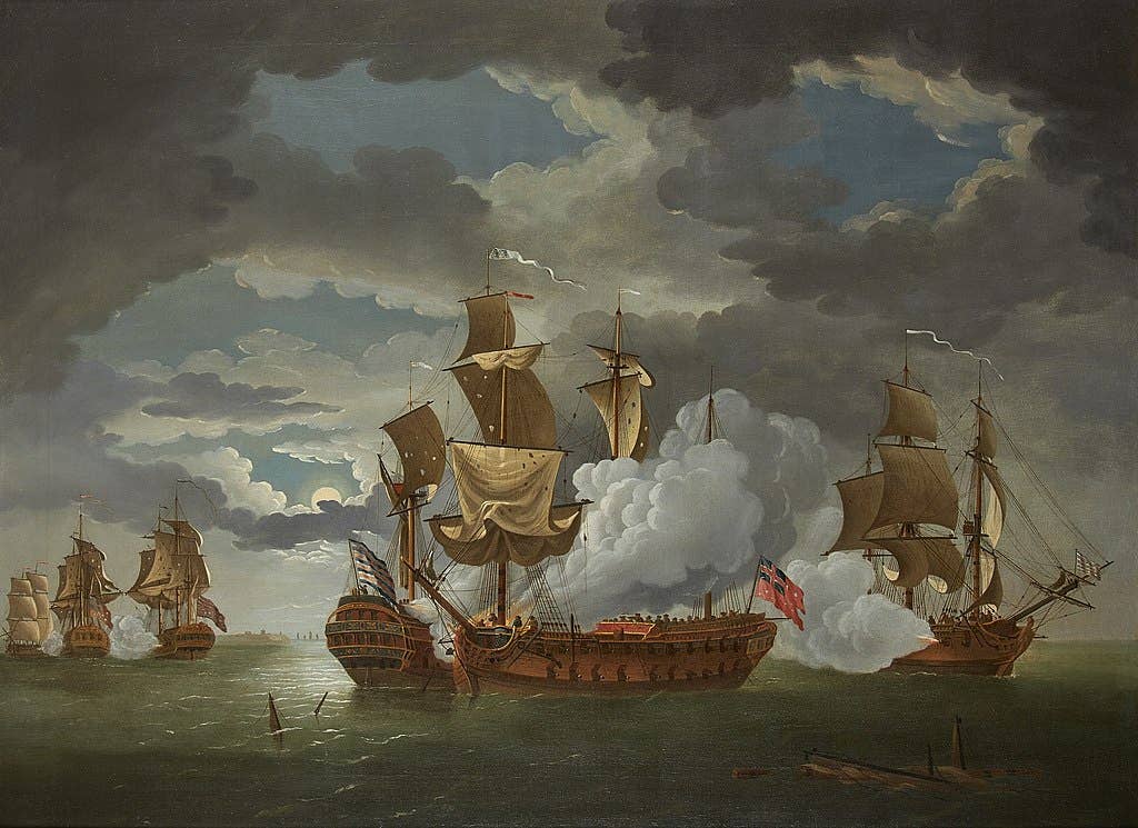 The Action Between the Frigates Bonhomme Richard (Capt John Paul Jones) And HMS Serapis, During The Battle Of Flamborough Head, 1779. The Alliance fires on the combatants. (Wikimedia Commons)