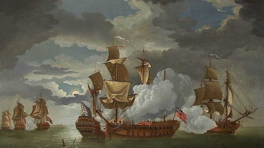 The Action Between the Frigates Bonhomme Richard (Capt John Paul Jones) And HMS Serapis, During The Battle Of Flamborough Head, 1779. The Alliance fires on the combatants. (Wikimedia Commons)
