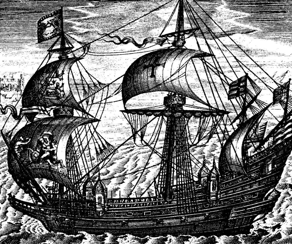 The Ark Royal, depicted here by Claes Janszoon Visscher in 1587, was Sir Francis Drake's flagship (National Maritime Museum, London)