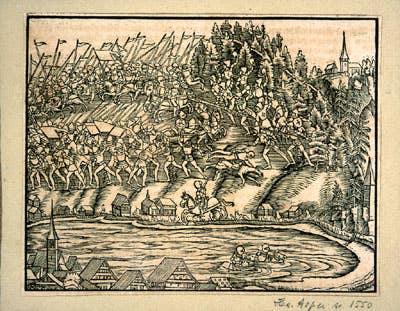Illustration of the Battle of Morgarten&nbsp;by&nbsp;Johannes Stumpf (Wikimedia Commons)