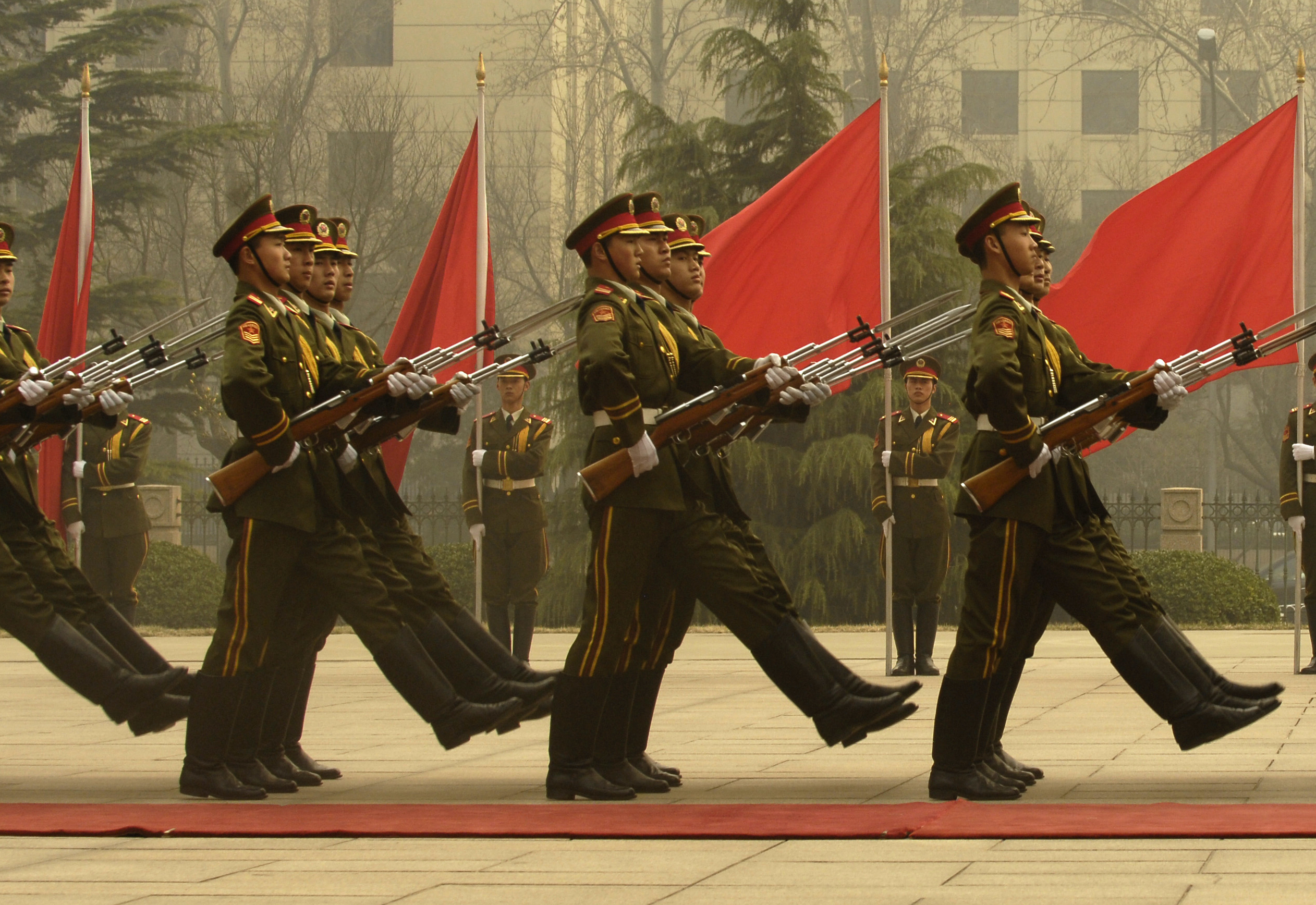 Members of a Chinese military honor guard march during a welcome ceremony for Chairman of the Joint Chiefs of Staff Marine Gen. Peter Pace at the Ministry of Defense in Beijing, China, March 22, 2007. DoD photo by Staff Sgt. D. Myles Cullen. (Released)