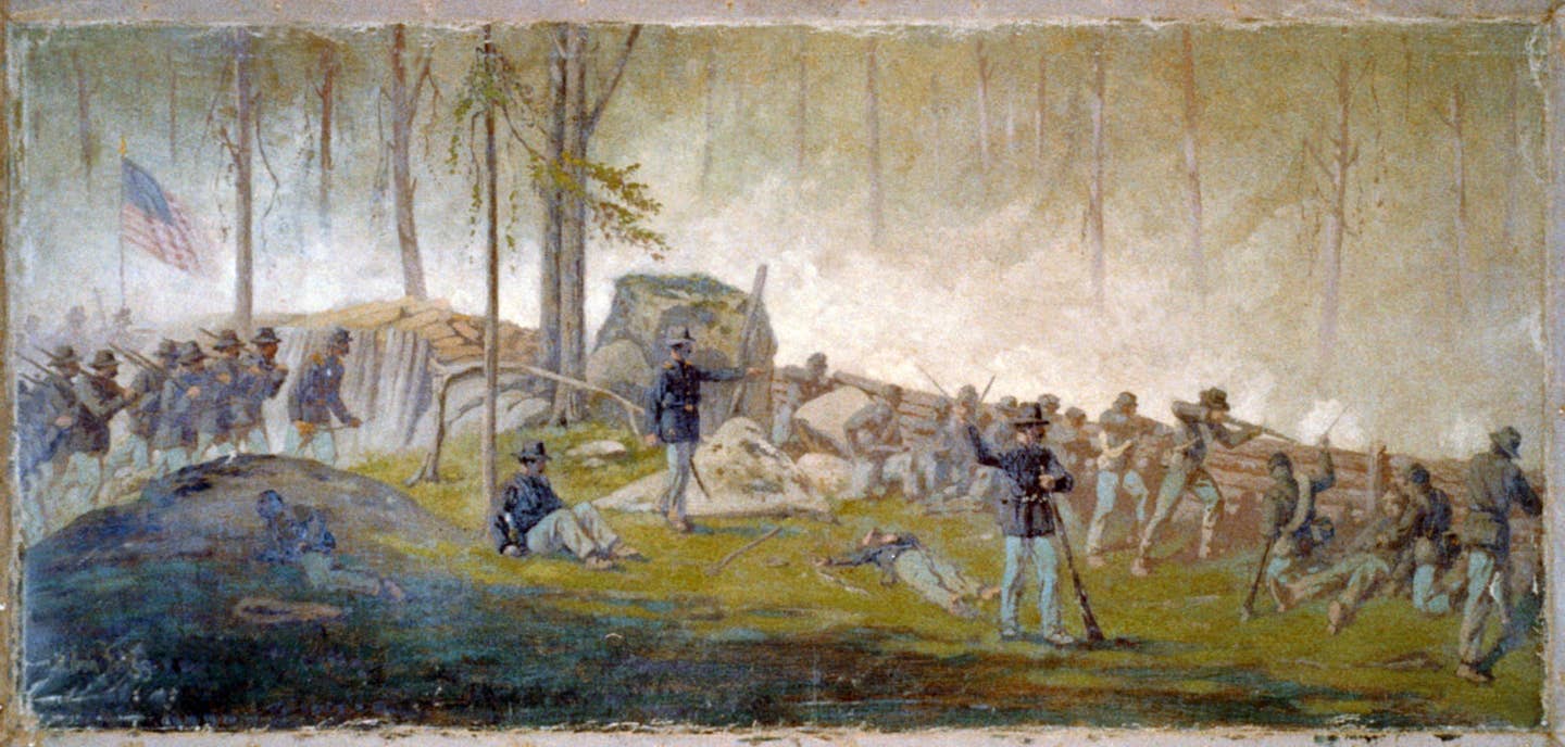 Edwin Forbes' Scene behind the breastworks on Culps Hill, morning of July 3rd 1863 (Library of Congress)