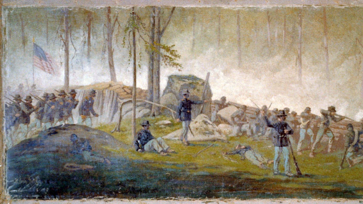 Edwin Forbes' Scene behind the breastworks on Culps Hill, morning of July 3rd 1863 (Library of Congress)