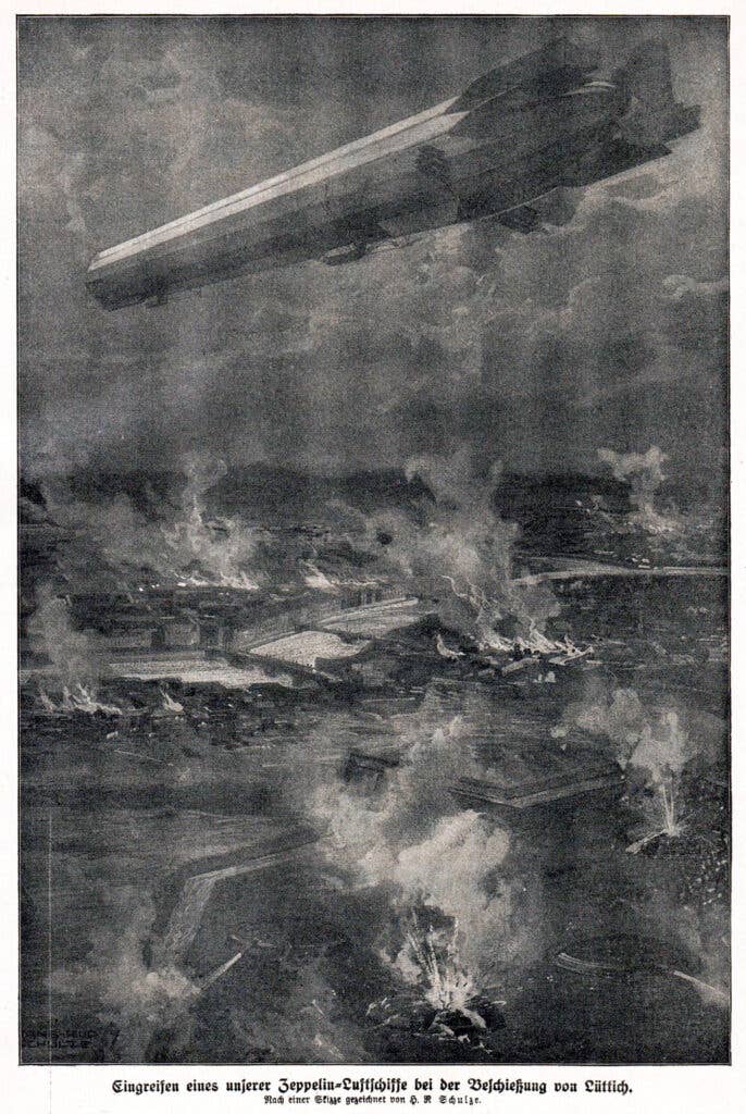 Painting depicting a German zeppelin bombing raid in WWI (public domain)