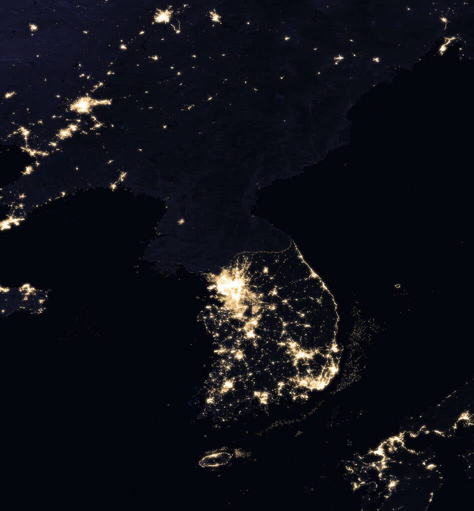 A very telling NASA image showing the difference in night-time lighting in North Korea vs. South Korea, taken in 2017