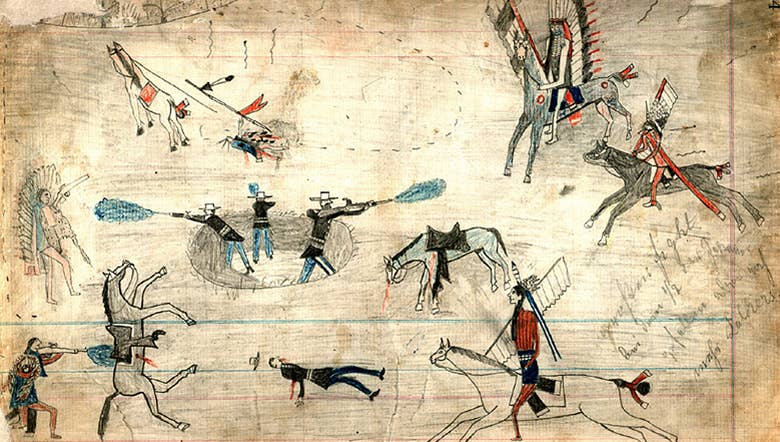 A Kiowa ledger drawing possibly depicting the&nbsp;Buffalo Wallow Battle&nbsp;in 1874, another clash between South Plains Indians and U.S. Army troops (Wikimedia Commons)