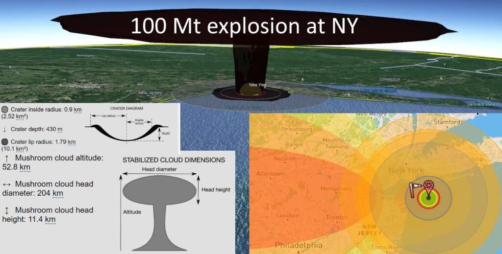 <a href="http://www.nuclearsecrecy.com/nukemap/?&amp;kt=100000&amp;lat=40.4304077&amp;lng=-73.7424773&amp;airburst=0&amp;hob_ft=0&amp;crater=1&amp;casualties=1&amp;fallout=1&amp;fallout_wind=8&amp;ff=52&amp;fallout_angle=90&amp;psi=20,5,1&amp;therm=_3rd-100,_3rd-50,_2nd-50&amp;cloud=1&amp;zm=8" target="_blank" rel="noreferrer noopener">NukeMap</a> model of Poseidon explosion near New York City.