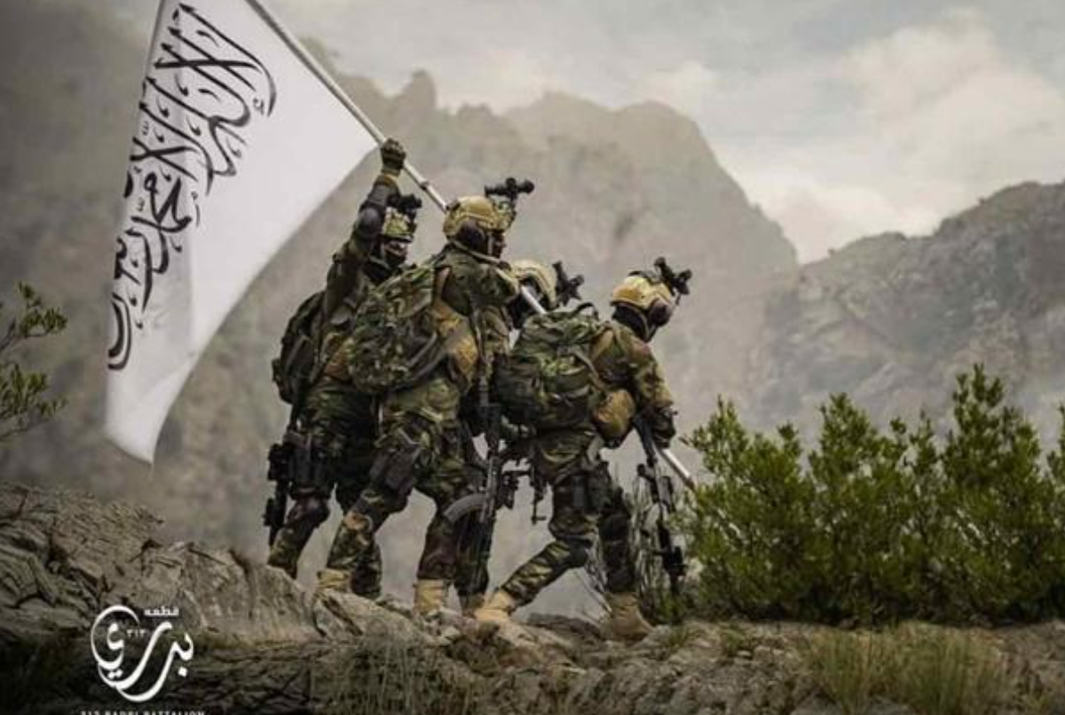 Taliban fighters raise their flag in Afghanistan as part of propaganda campaign, aimed at desecrating the image of Marines raising the U.S. flag at Iwo Jima. (Image: Taliban via Twitter)