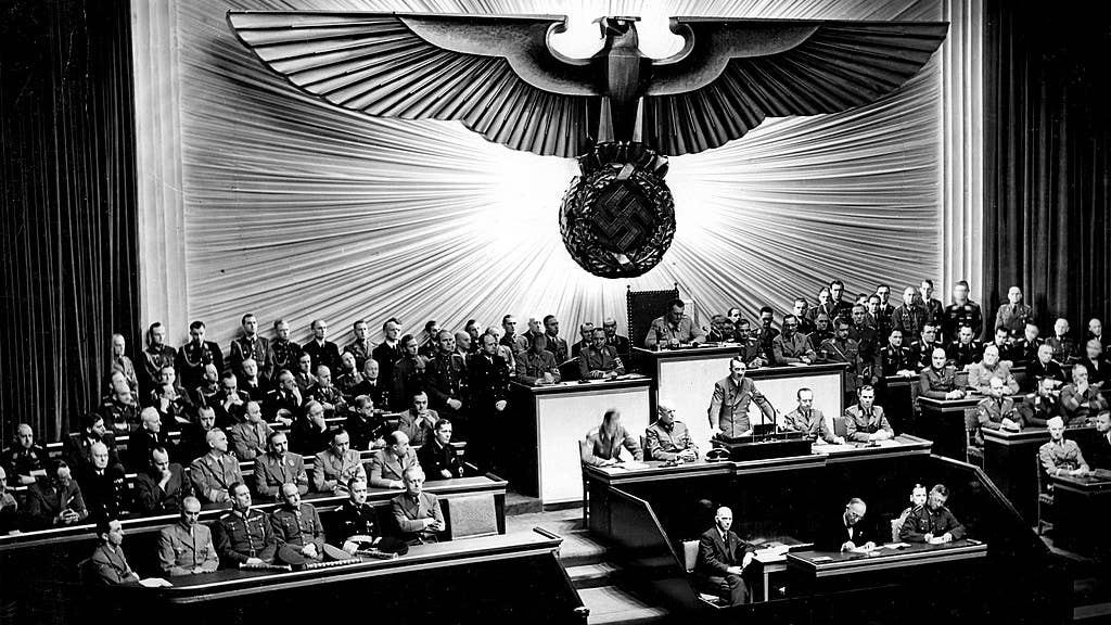 Adolf Hitler delivers a speech at the Kroll Opera House to the men of the Reichstag on the subject of Roosevelt and the war in the Pacific, declaring war on the United States. (Wikimedia Commons)