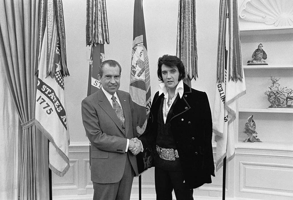 Elvis Presley meeting Richard Nixon. On December 21, 1970, at his own request, Presley met then-President Richard Nixon in the Oval Office of The White House. (Wikimedia Commons)