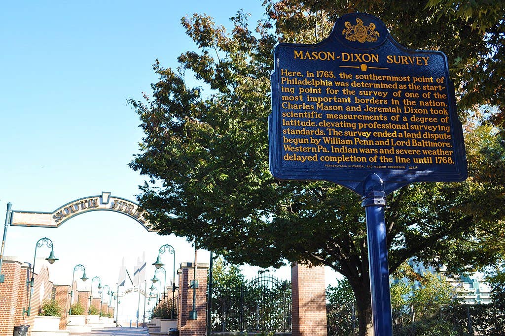 Mason-Dixon Survey Historical Marker at Front and South Sts., Philadelphia PA. The starting point for the survey. (Wikimedia Commons)