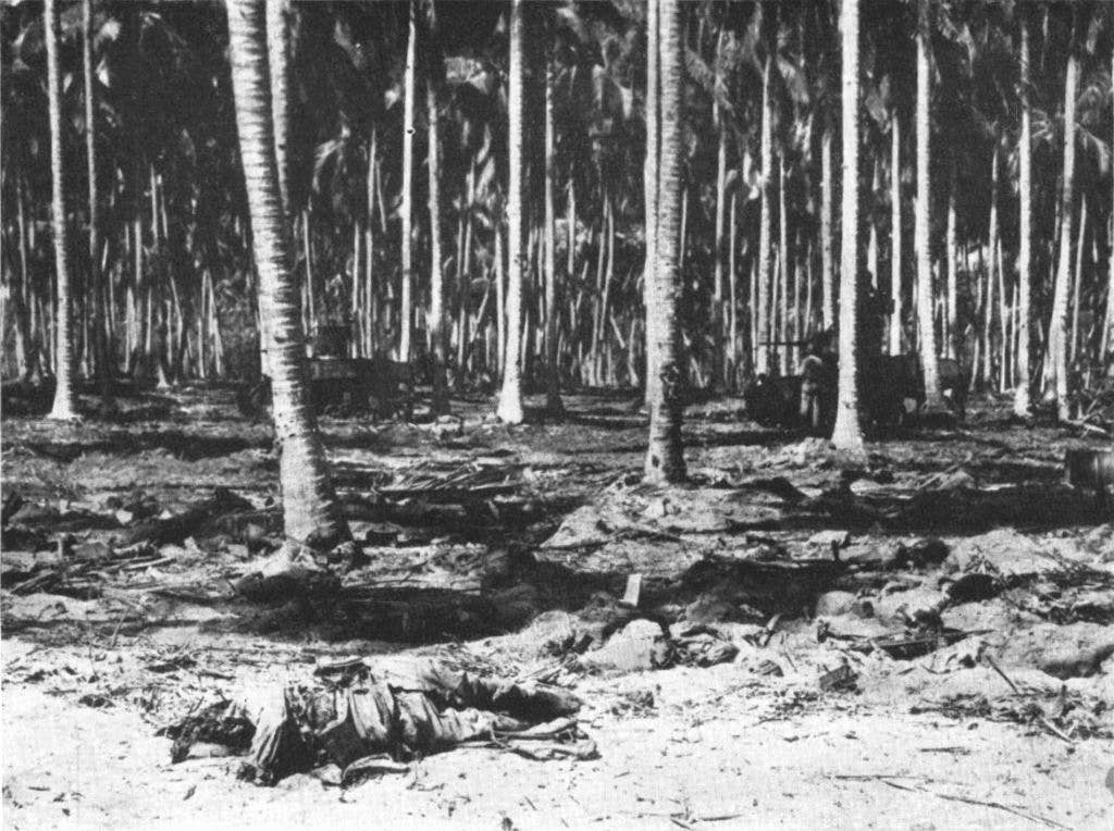 <br>Japanese soldiers, killed while assaulting U.S. Marine Corps positions, lie dead in a coconut grove on Guadalcanal after the Battle of the Tenaru on 21 August 1942. Two U.S. Marine Corps M3 <em>Stuart</em> tanks of A Company, 1st Tank Battalion, participating in the battle in late afternoon are visible in the background. (Wikimedia Commons)
