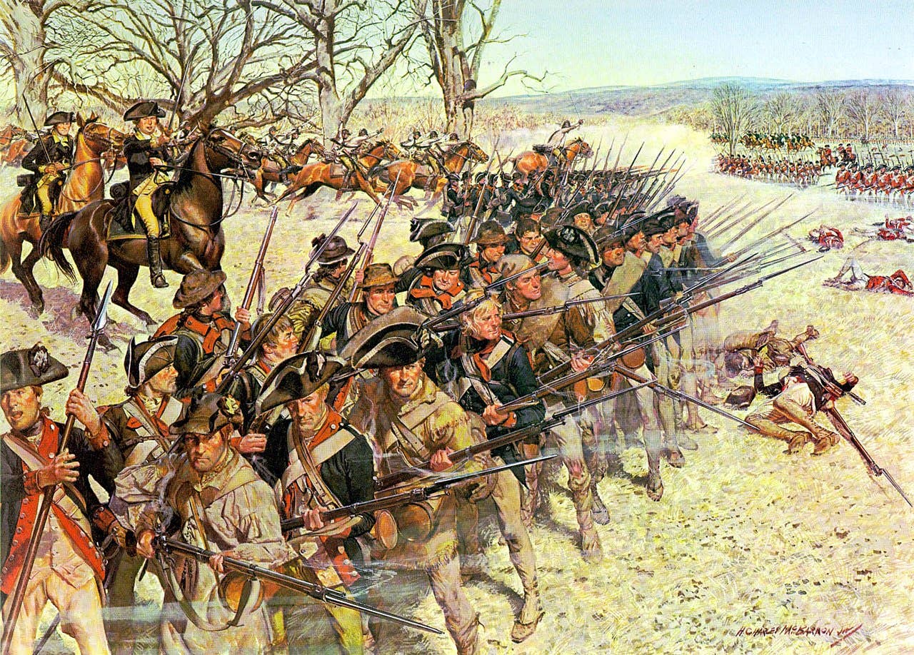 Painting of the Battle of Guilford Court House (March 15, 1781) from Soldiers of the American Revolution by H. Charles McBarron. "[General Nathaniel] Greene observed as the veteran First Maryland Continentals threw back a British attack and countered with a bayonet charge. As they reformed their line, William Washington's Light Dragoons raced by to rescue raw troops of the Fifth Maryland who had buckled under a furious assault of British Grenadiers and Guards." (Source: Center of Military History.)