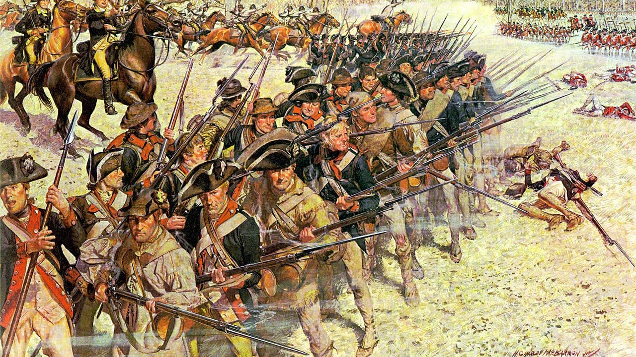 Painting of the Battle of Guilford Court House (March 15, 1781) from Soldiers of the American Revolution by H. Charles McBarron. "[General Nathaniel] Greene observed as the veteran First Maryland Continentals threw back a British attack and countered with a bayonet charge. As they reformed their line, William Washington's Light Dragoons raced by to rescue raw troops of the Fifth Maryland who had buckled under a furious assault of British Grenadiers and Guards." (Source: Center of Military History.)