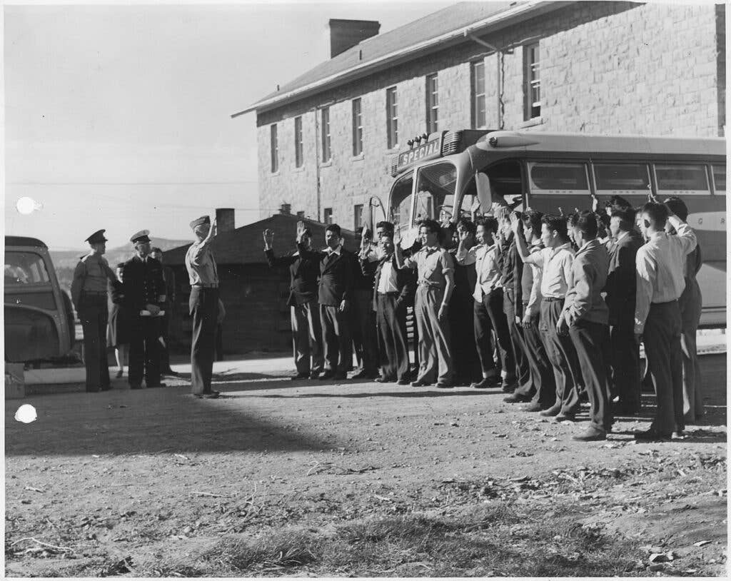 First 29 Navajo U.S. Marine Corps code-talker recruits being sworn in at Fort Wingate, NM. (Wikimedia Commons)