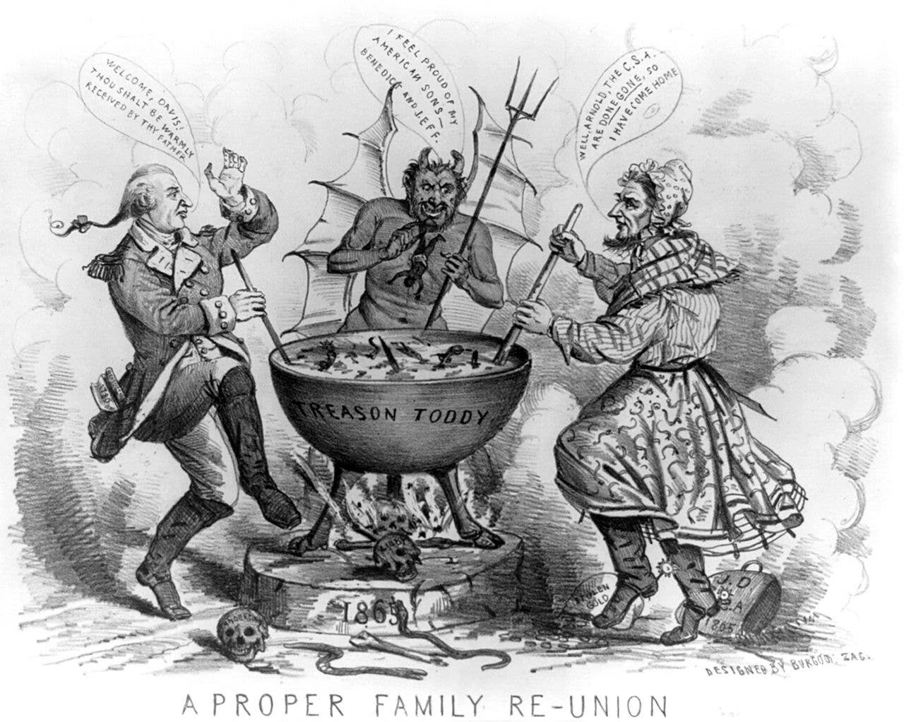 This is a political cartoon, captioned "A Proper Family Re-Union" at the bottom. It depicts Satan and Benedict Arnold welcoming Jefferson Davis to Hell. (Wikimedia Commons)