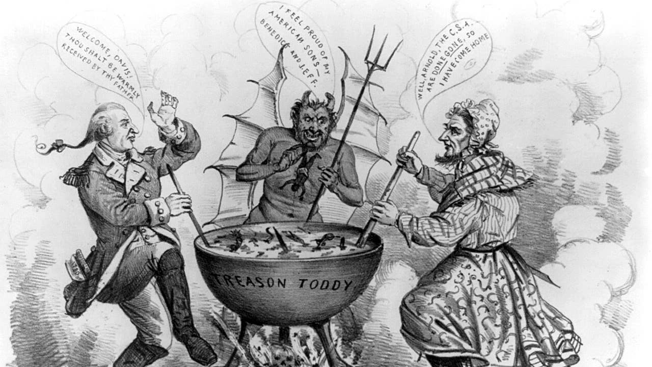 This is a political cartoon, captioned "A Proper Family Re-Union" at the bottom. It depicts Satan and Benedict Arnold welcoming Jefferson Davis to Hell. (Wikimedia Commons)