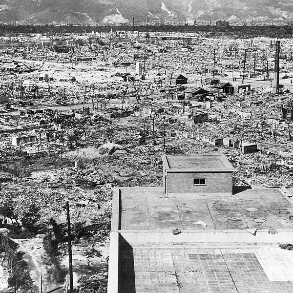 Effects of the atomic bomb on Hiroshima. View <em>from the top of the Red Cross Hospital looking northwest. Frame buildings recently erected.</em> 1945. (Wikimedia Commons)