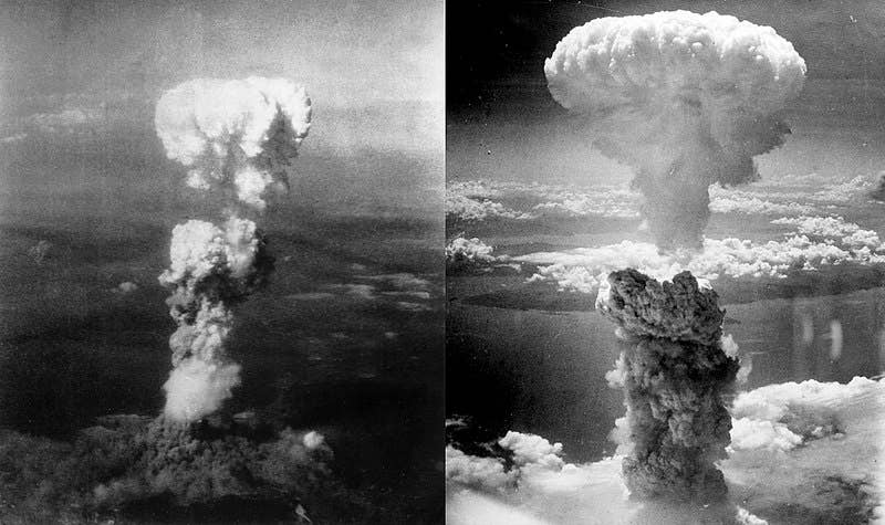 Atomic bombing of Hiroshima (left) and Nagasaki (right). (Wikimedia Commons)