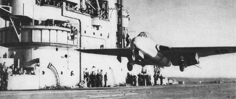 A <a href="https://en.wikipedia.org/wiki/de_Havilland_Vampire">De Havilland <em>Sea Vampire Mk.10</em></a> taking off from the Royal Navy aircraft carrier <em><a href="https://en.wikipedia.org/wiki/HMS_Ocean_(R68)">'HMS Ocean</a>'</em> on 3 December 1945. The plane was flown by Cpt. Eric "Winkle" Brown and was the first landing and take off of a jet airplane from an aircraft carrier. The plane had been converted for carrier trials. (Wikimedia Commons)