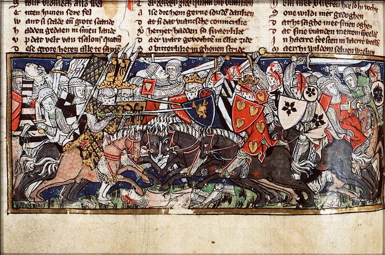 Battle of the Catalaunian plains, between Attila, Aetius, Meroveus and Theodoric I; from Jacob van Maerlant's Spieghel Historiael (KB KA 20, fol. 146v). (Wikimedia Commons)