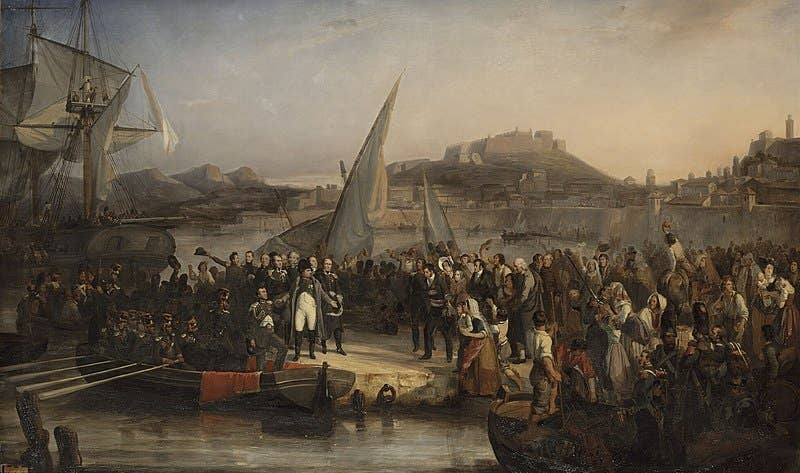 Napoleon leaving the island of Elba at the port of Portoferraio. (Wikimedia Commons)