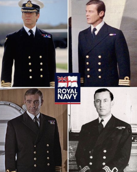 <em>Pierce Brosnan OBE (top left), Sir Roger Moore (top right), and Sir Sean Connery (bottom left) as Commander James Bond with Ian Fleming (bottom right) in his Royal Navy uniform (Royal Navy)</em>