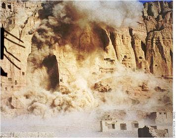 Image of explosive destruction of Bamyan buddhas by the Taliban, March 21, 2001. (Wikimedia Commons)