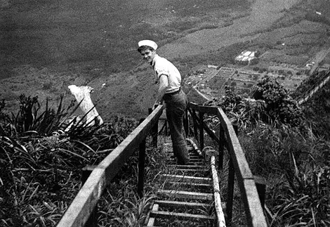 <em>A sailor enjoys the view from the stairs circa 1949 (U.S. Navy)</em>