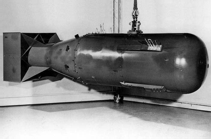 Photograph of a mock-up of the Little Boy nuclear weapon dropped on Hiroshima, Japan, in August 1945. This was the first photograph of the Little Boy bomb casing to ever be released by the U.S. government (it was declassified in 1960). (Wikimedia Commons)