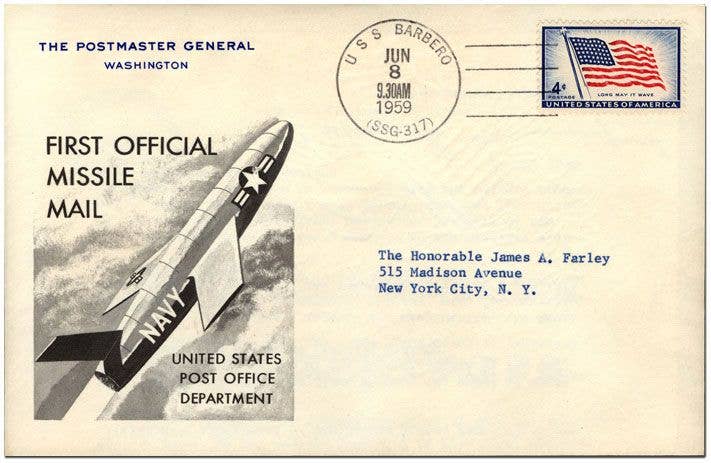 <em>The missile mail letter addressed to former Postmaster General James Farley (National Postal Museum)</em>