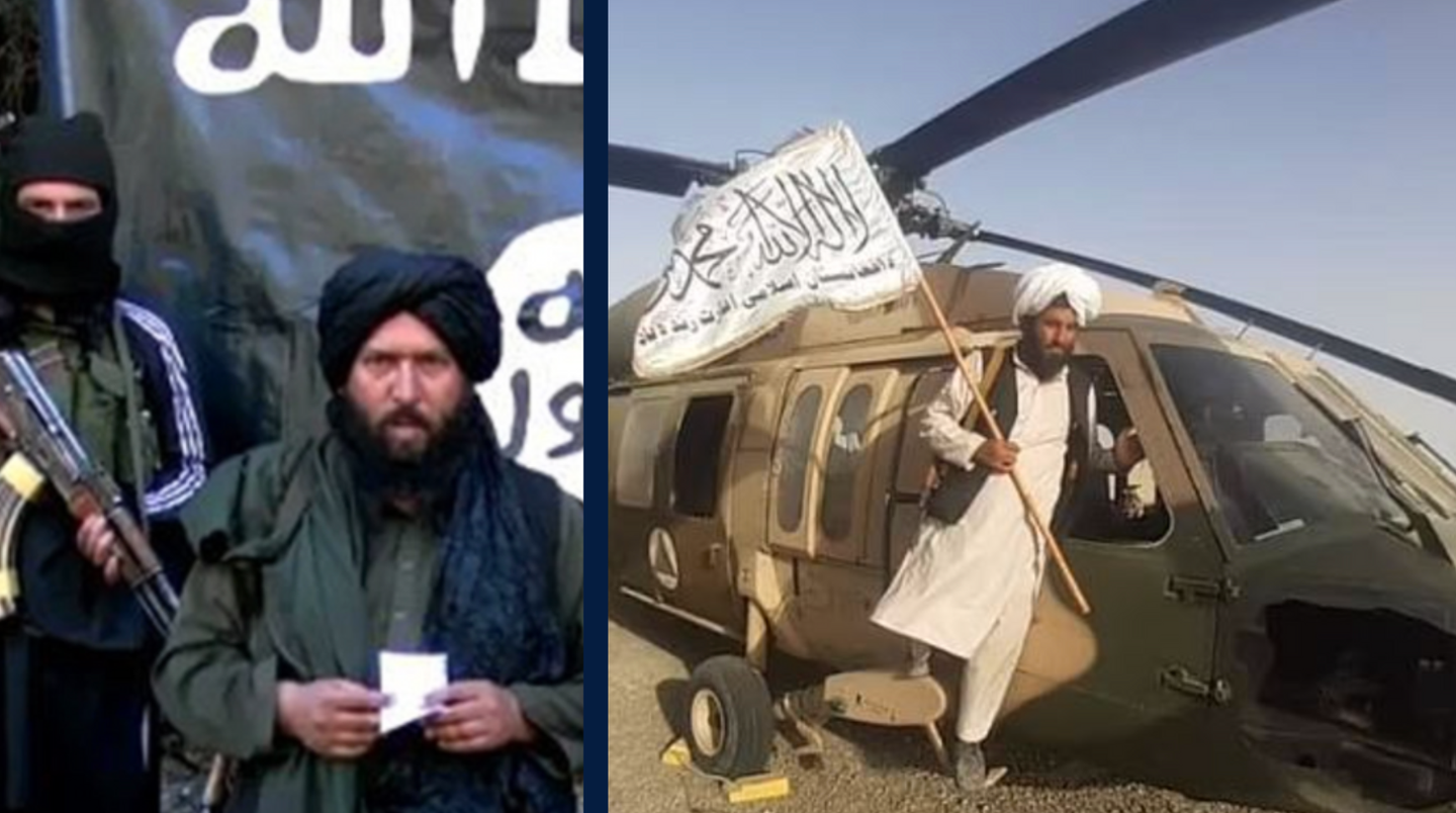 Left: A video grab from an undated video show late ISKP leader Hafiz Saeed, centre, at an undisclosed location near the Pakistan-Afghanistan border. Saeed was killed on July 10, 2015, in Nangarhar, the Afghan government said [EPA/TTP handout]; Right: A Taliban fighter boards a helicopter. Wikimedia Commons.