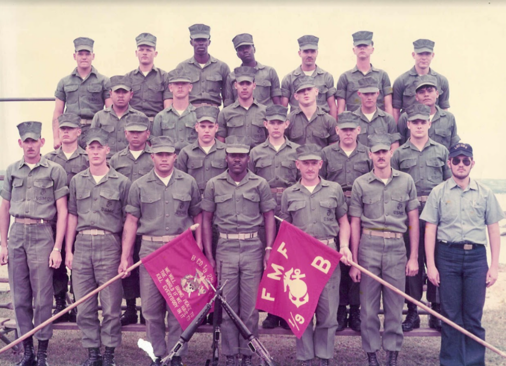 Cpl Dever (first row, 2nd from right) B Co 2nd Plt 1st Bn 9th Mar 1975. Photo courtesy of Jim Dever.