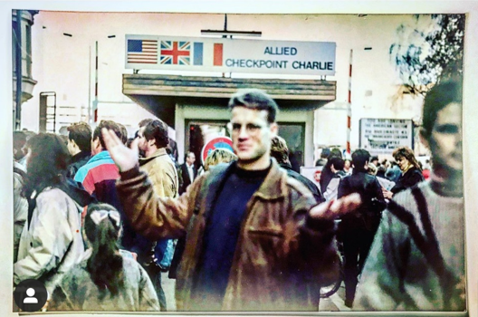 Mark at Checkpoint Charlie in Berlin the day (after) the Berlin Wall came down.