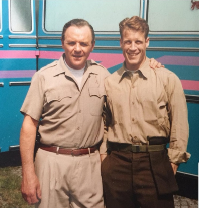 Sir Anthony Hopkins and Mark Valley on the set for <em>The Innocent</em>. Photo credit Mark Valley.