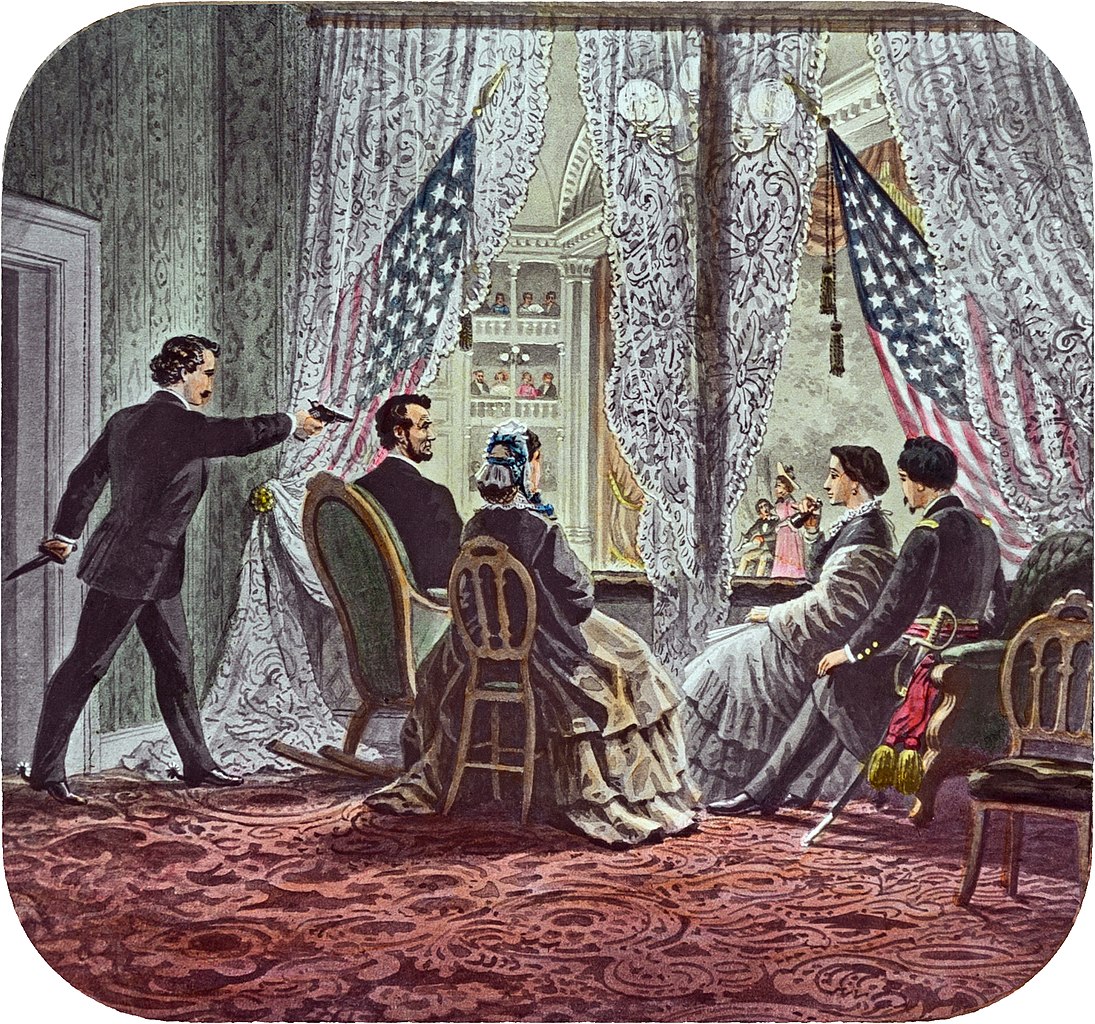 1900 work depicting John Wilkes Booth leaning forward to shoot President Abraham Lincoln as he watches Our American Cousin at Ford's Theater in Washington, D.C. 14 April 1865. (Wikimedia Commons)