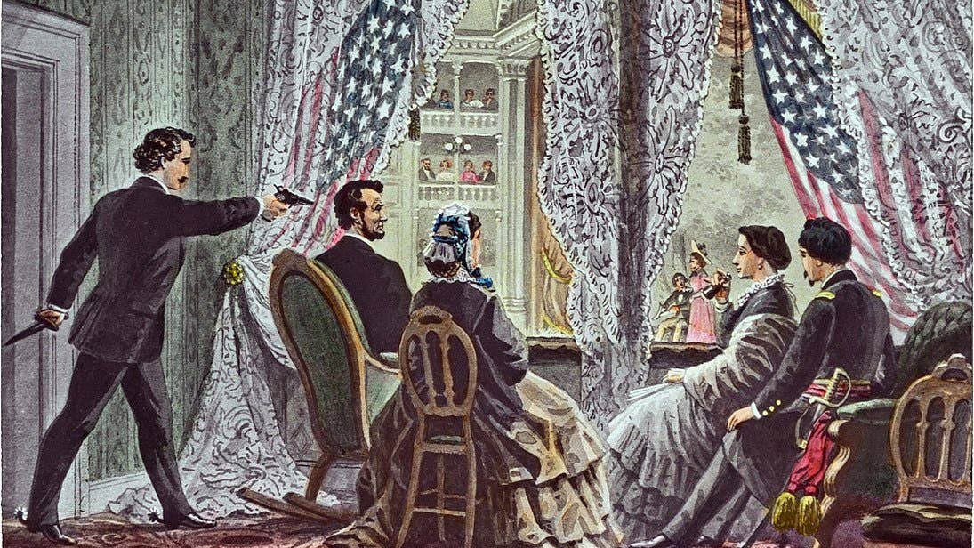 1900 work depicting John Wilkes Booth leaning forward to shoot President Abraham Lincoln as he watches Our American Cousin at Ford's Theater in Washington, D.C. 14 April 1865. (Wikimedia Commons)