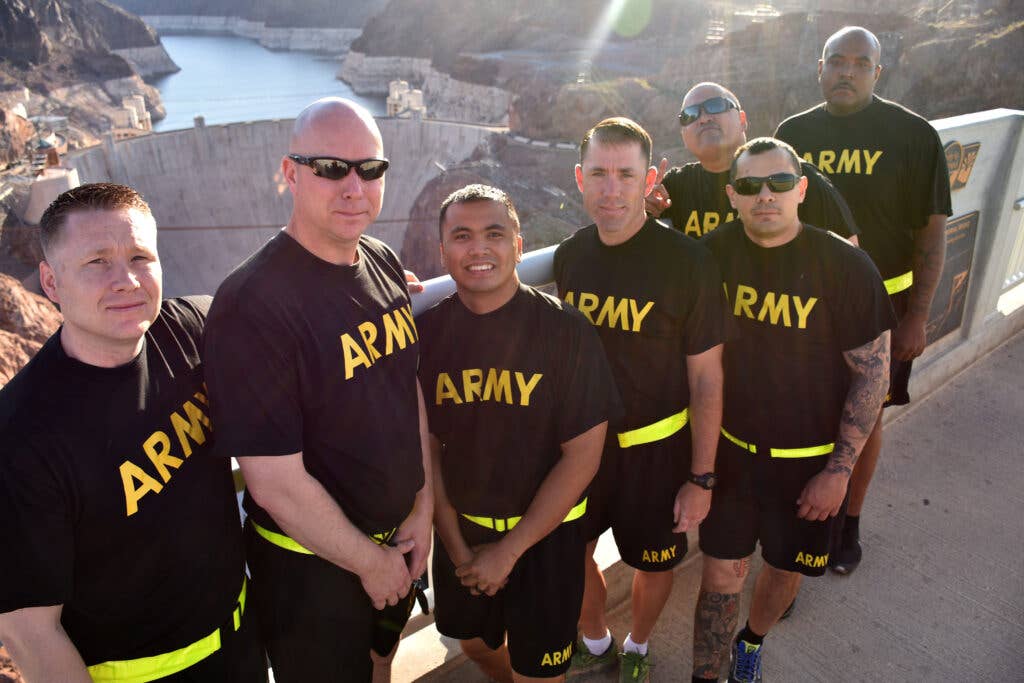 Lt. Col. Matthew Mapes (middle), 6th Medical Recruiting Battalion commander, and his Soldiers gathered to conduct their quarterly 5K fun run on April 27, 2018. The team met at the Mike O'Callaghan–Pat Tillman Memorial Bridge near the Boulder Dam and ran on the Historic Railroad Trail at Lake Mead National Recreation area.(U.S. Army Photo by Andrew Lynch)