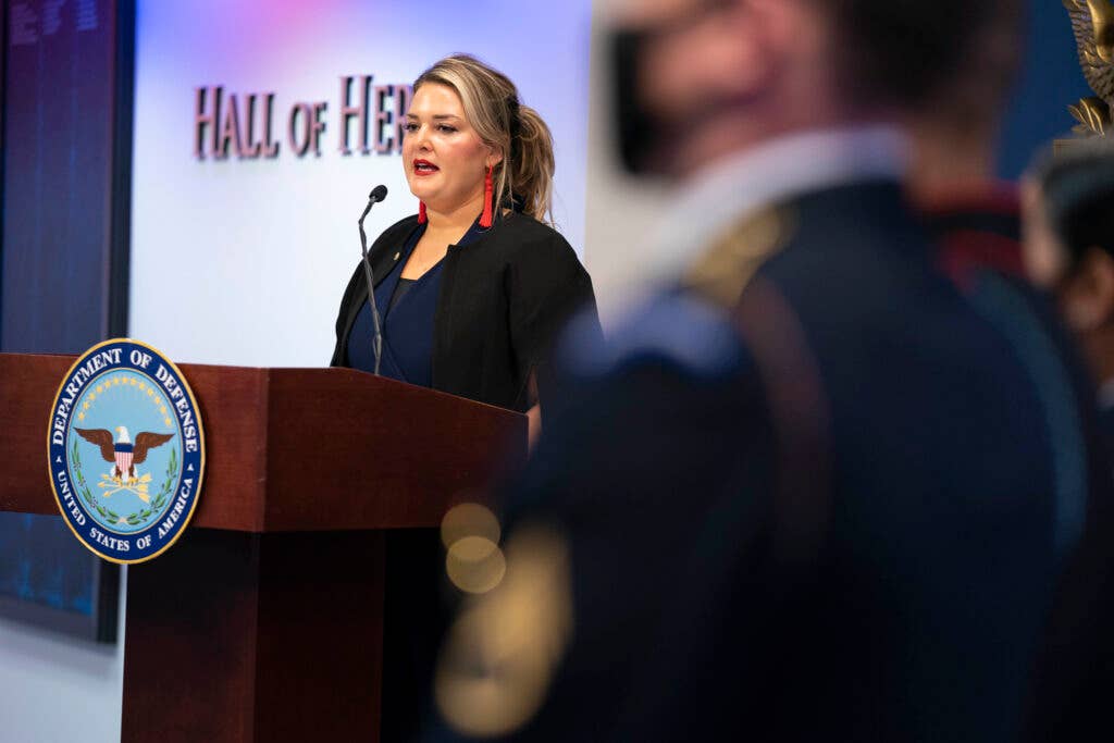 Jane Horton, a Gold Star wife, speaks during the Gold Star Families Pentagon display unveiling ceremony at the Pentagon, Oct. 29, 2020. Gold Star Family is a title reserved for families of military members who have died in the line of duty and is meant to honor the service member’s ultimate sacrifice while acknowledging their family’s loss, grief and continued healing. (DOD Photo by Navy Petty Officer 1st Class Carlos M. Vazquez II)