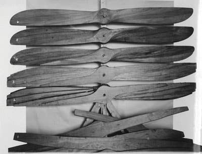 <em>Seven different species of wood represented in experimental propellers (FPL Archives)</em>