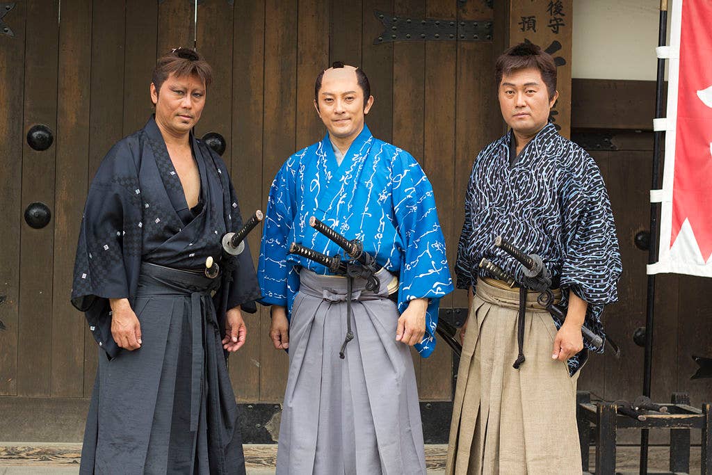 Three actors at the Eigamura theme park / film set in Kyoto. The one in the middle is the good guy - the employed samurai - the other two are dastardly ronin.