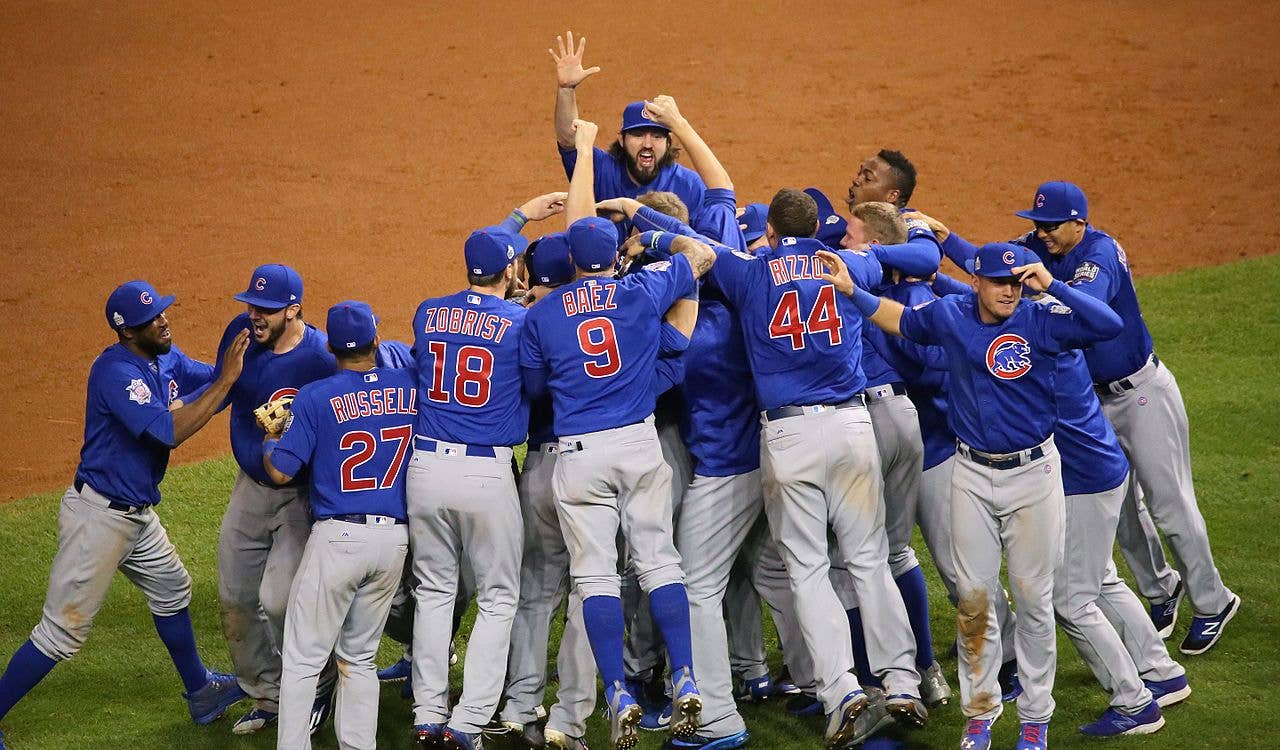 The Cubs celebrate after winning the 2016 World Series. (Wikipedia)