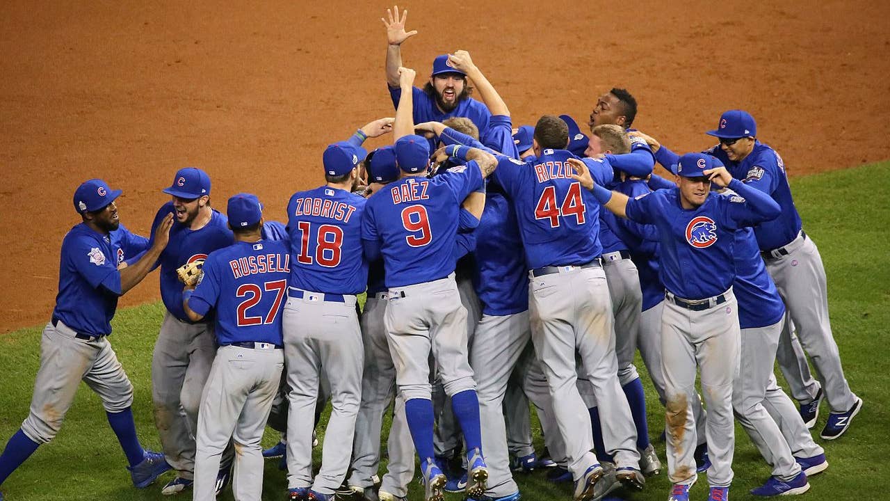 The Cubs celebrate after winning the 2016 World Series. (Wikipedia)