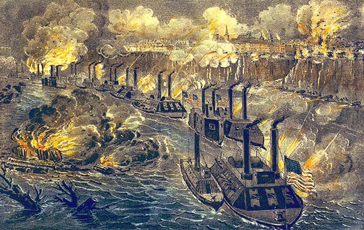 "Admiral Porter's Fleet Running the Rebel Blockade of the Mississippi at Vicksburg, April 16th 1863." (U.S. Naval Academy Museum)