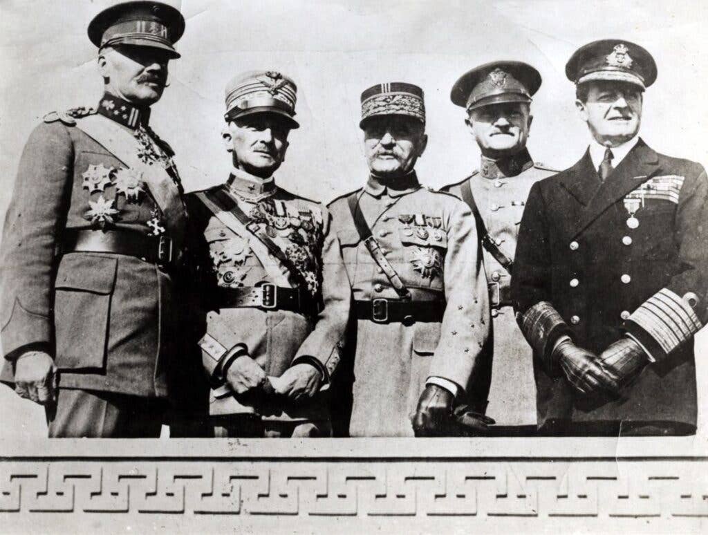 <em>(Left to right) Lt. Gen. Baron Jacques, Gen. Armando Diaz, Marshal Ferdinand Foch, Gen. John Pershing, and Adm. Lord Beatty at the groundbreaking (National WWI Museum and Memorial)</em>