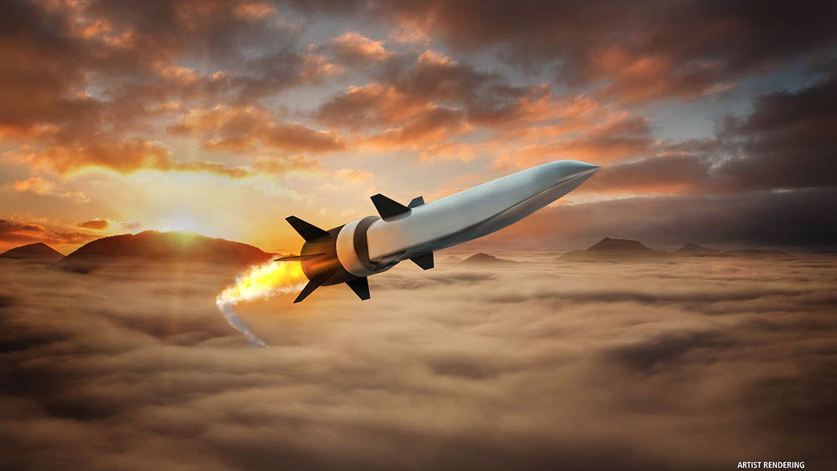 This artist’s rendering shows the Hypersonic Air-breathing Weapon Concept, which will integrate Raytheon Technologies’ air-breathing hypersonic weapons with scramjet combustors from Northrop Grumman. (Raytheon)