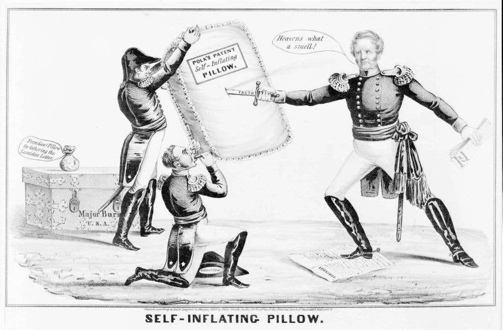 American general Gideon J. Pillow's self-promoting attempts to discredit Mexican War commander Gen. Winfield Scott are ridiculed in this portrayal of Scott puncturing "Polk's Patent" pillow. (published 1848). (Wikimedia Commons)