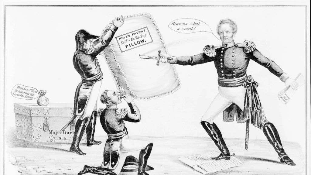 American general Gideon J. Pillow's self-promoting attempts to discredit Mexican War commander Gen. Winfield Scott are ridiculed in this portrayal of Scott puncturing "Polk's Patent" pillow. (published 1848). (Wikimedia Commons)