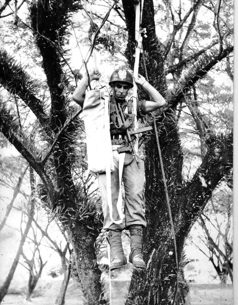<em>An SAS soldier demonstrates being suspended in a tree before abseiling down (22nd SAS Regiment)</em>